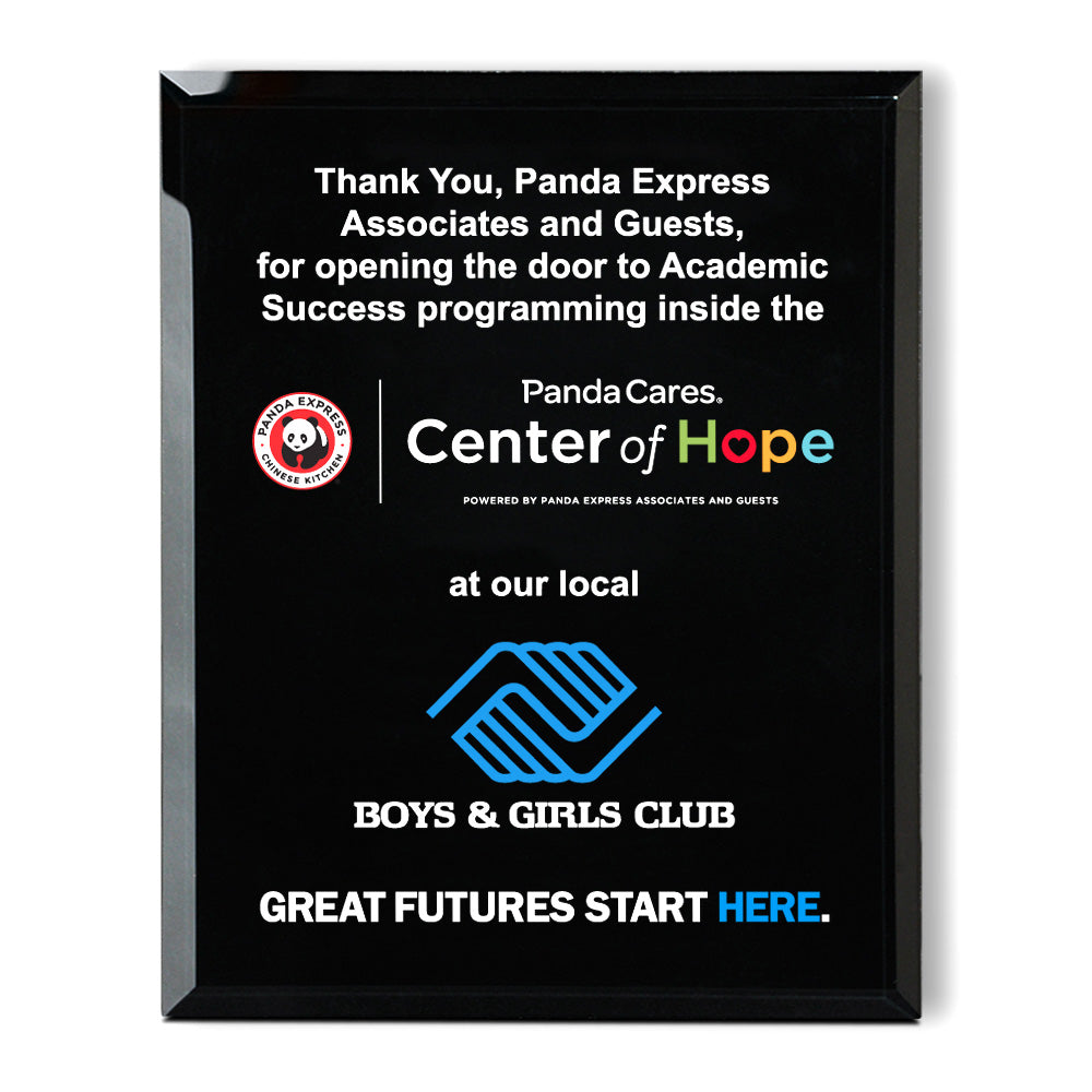 Black plaque recognizing Panda Express and Panda Cares for supporting academic success programming at the local Boys & Girls Club through the Center of Hope initiative.