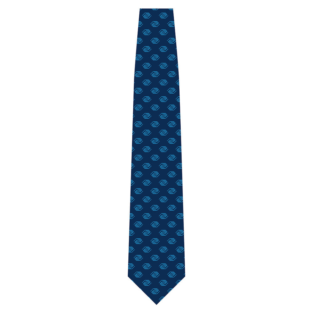 Navy woven necktie with repeating Boys & Girls Clubs handshake logos in light blue.