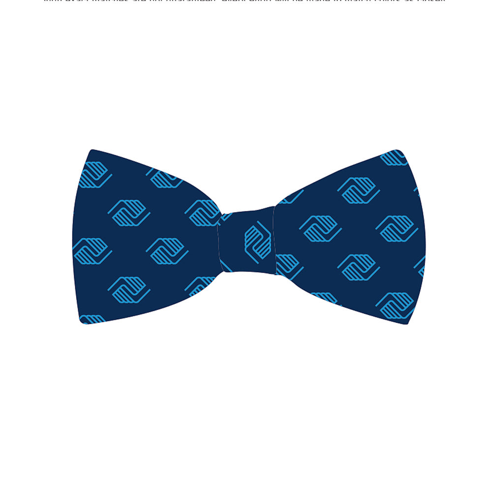 Navy bow tie with repeating Boys & Girls Clubs handshake logos in light blue on a white background.