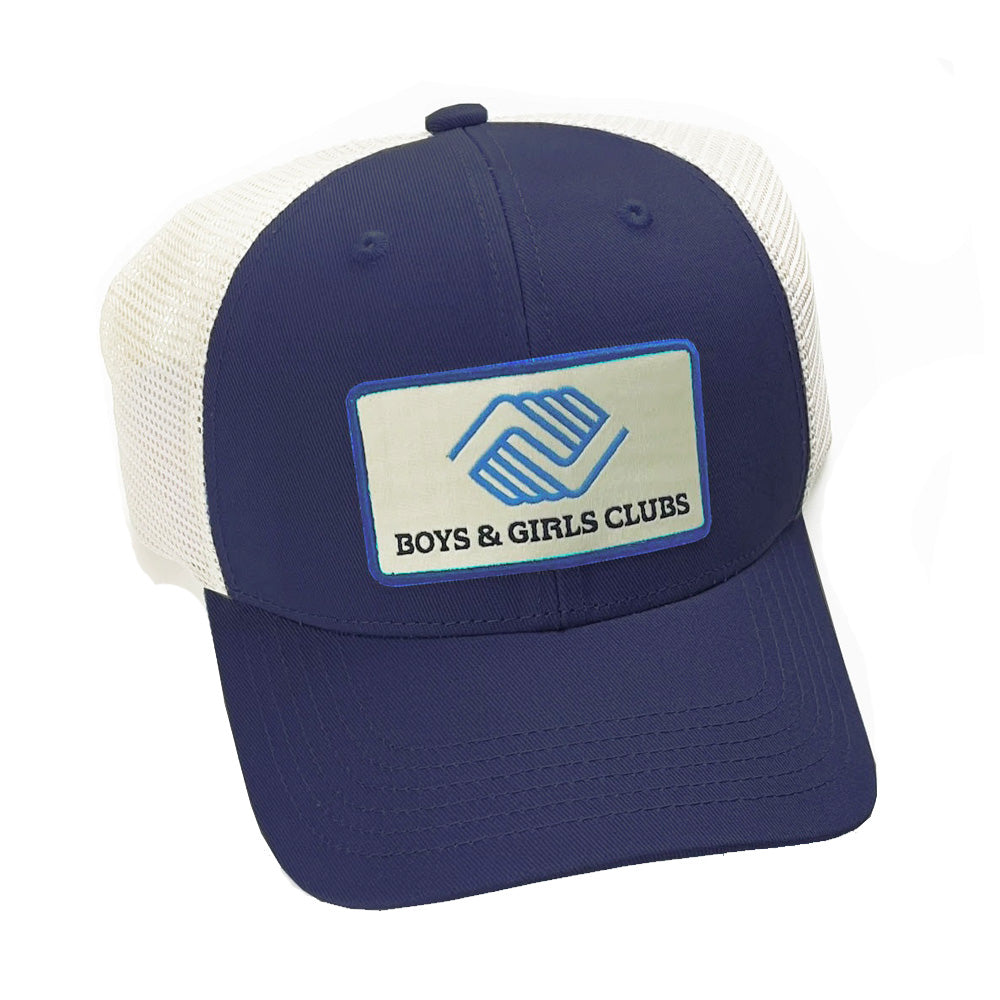 Blue and white mesh trucker hat with a rectangular patch on the front displaying the Boys & Girls Clubs logo and text.