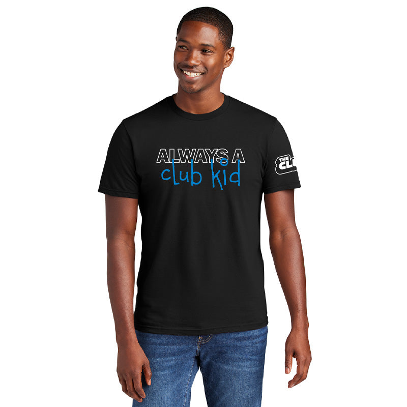 A person wearing a black crew neck T-shirt with text graphic 'ALWAYS A club kid' in blue and white.