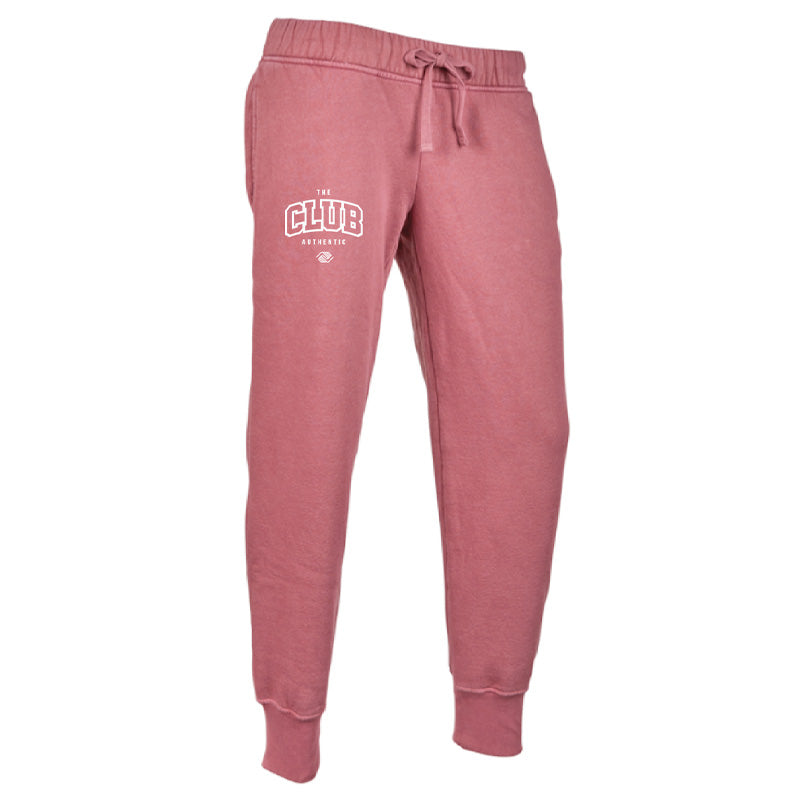 Women's distressed red joggers with side seam pockets and drawstring waist.