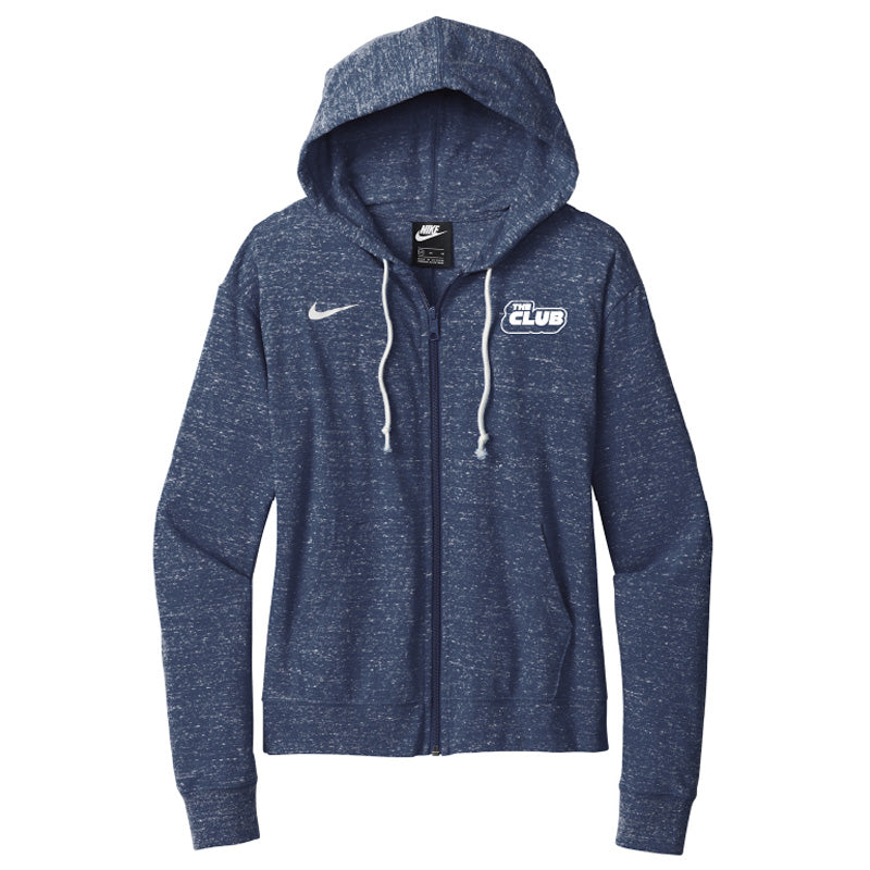 Front view of a navy blue full-zip hoodie with white drawstrings, featuring the Nike logo on the right chest and “THE CLUB” logo on the left chest.