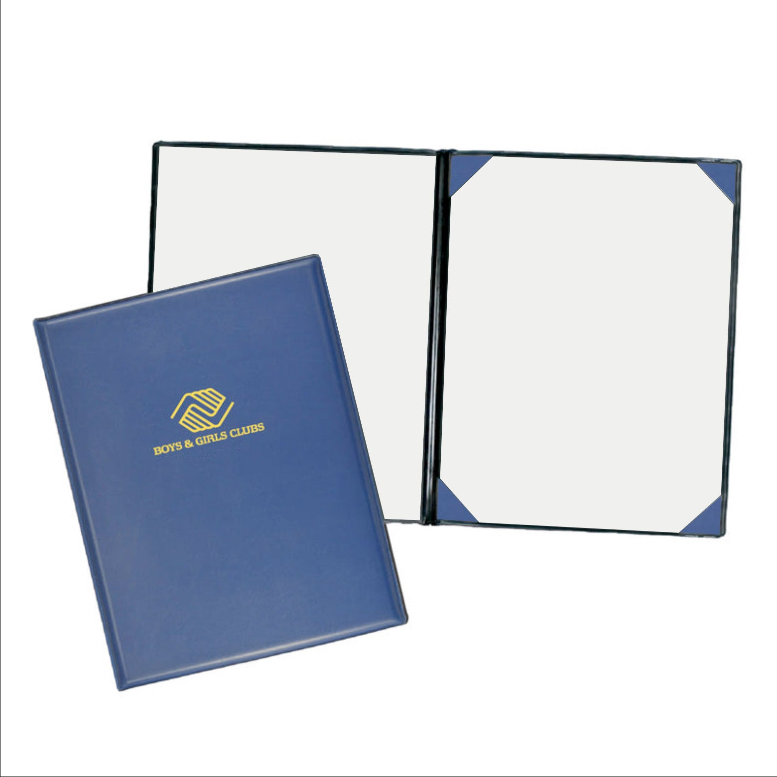 Blue padded certificate holder featuring the Boys & Girls Clubs logo in gold, shown open and closed.