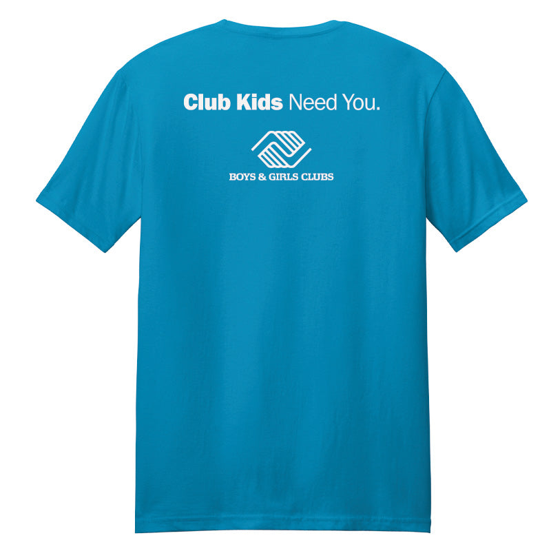 Back view of sapphire T-shirt featuring “Club Kids Need You.” text and Boys & Girls Clubs logo in white.