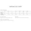 Sapphire T-shirt size chart showing measurements for body length, chest width, and sleeve length from size S to 4XL.