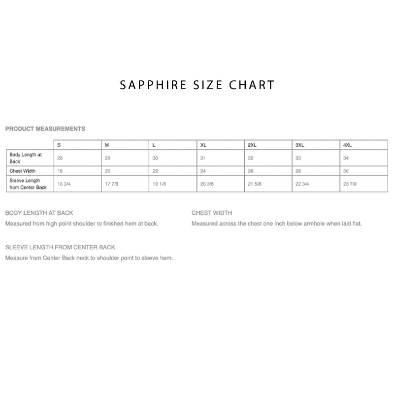 Sapphire T-shirt size chart showing measurements for body length, chest width, and sleeve length from size S to 4XL.