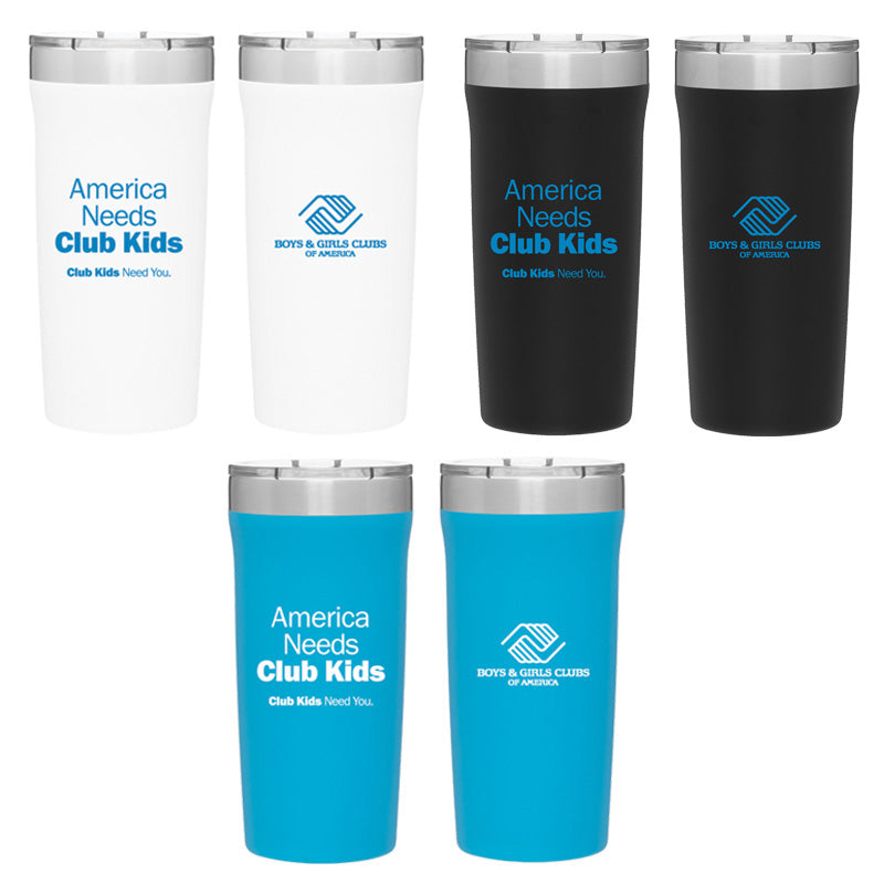 Six stainless steel tumblers in white, black, and blue, each with either ‘America Needs Club Kids’ text or the Boys & Girls Clubs of America logo on the front.