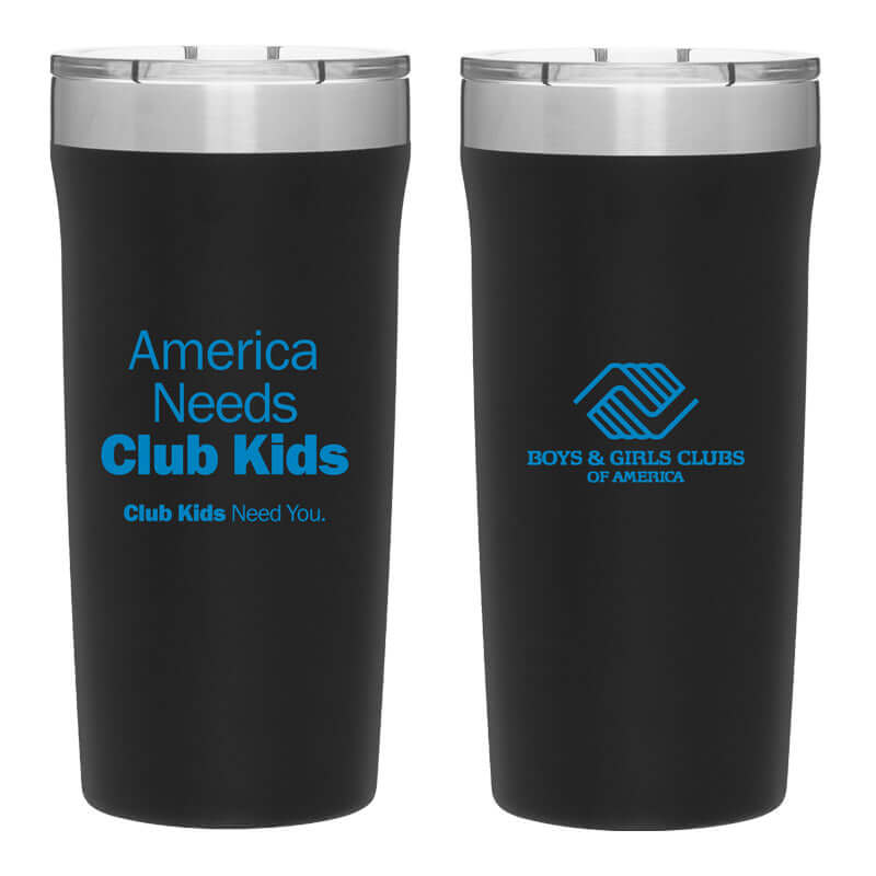 Black stainless steel tumbler shown from front and back; one side reads ‘America Needs Club Kids – Club Kids Need You,’ and the other features the Boys & Girls Clubs of America logo.