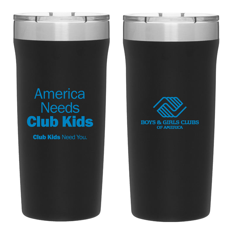 Black stainless steel tumbler shown from front and back; one side reads ‘America Needs Club Kids – Club Kids Need You,’ and the other features the Boys &amp; Girls Clubs of America logo.