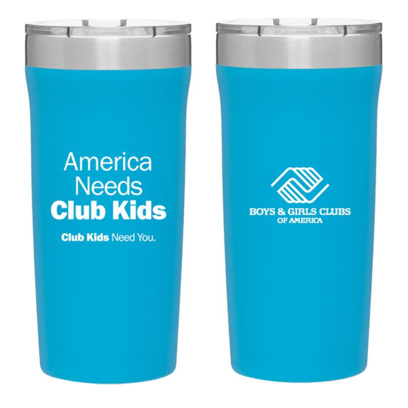 Blue tumbler with stainless steel lid featuring “America Needs Club Kids” on one side and Boys &amp; Girls Clubs of America logo on the other.