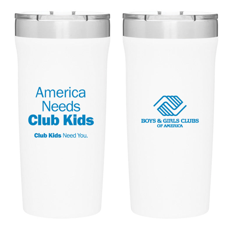 White tumbler with stainless steel lid displaying “America Needs Club Kids” and Boys &amp; Girls Clubs of America branding.