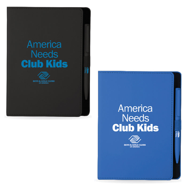 Black and blue notebook and pen sets with “America Needs Club Kids” and Boys &amp; Girls Clubs of America logos.
