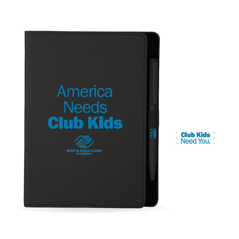 Black notebook and pen set featuring “America Needs Club Kids” and Boys &amp; Girls Clubs of America branding.