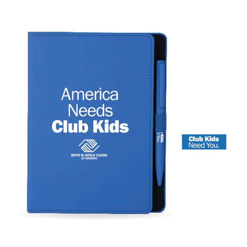 Blue notebook and pen set featuring “America Needs Club Kids” and Boys &amp; Girls Clubs of America branding.