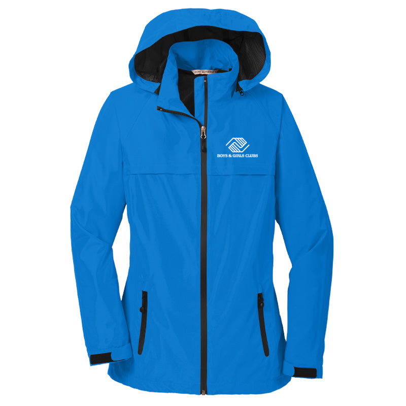 Front view of a bright blue hooded waterproof jacket with black zippers and a white Boys & Girls Clubs logo on the left chest.