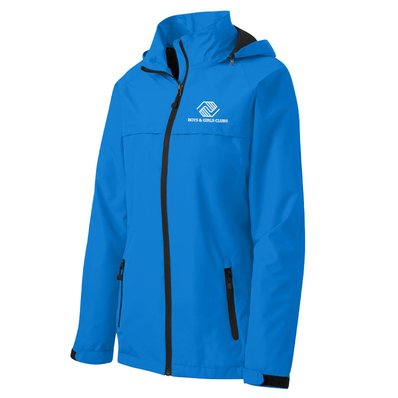 Bright blue waterproof hooded jacket with black zippers and the Boys & Girls Clubs logo printed in white on the left chest.