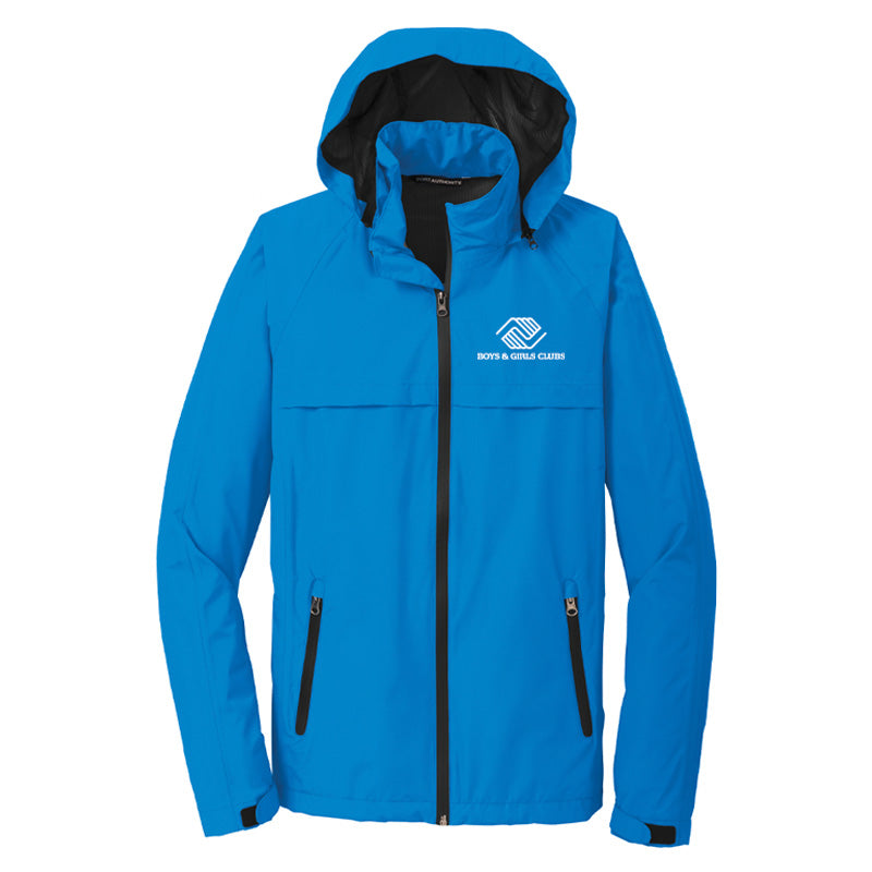 Front view of a bright blue hooded waterproof jacket with black zippers and a white Boys & Girls Clubs logo on the left chest.