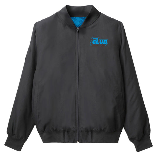 Black bomber jacket with front zipper and ribbed cuffs and hem. The left chest features “THE CLUB” logo in blue. The collar reveals a peek of custom blue inner lining with a subtle pattern.