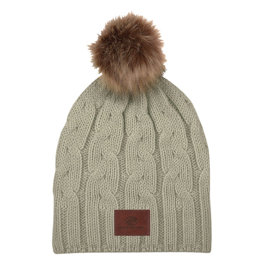 Light olive green cable-knit beanie with a brown faux fur pom-pom and a leatherette patch featuring the Boys & Girls Clubs logo.