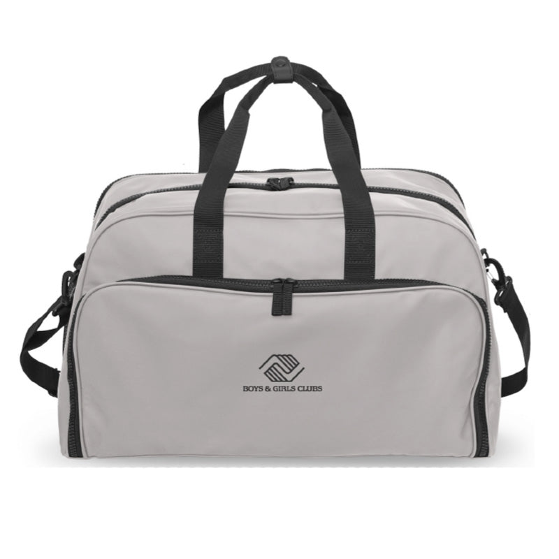 Gray weekender duffel bag with black handles, zippers, and Boys & Girls Clubs logo on the front pocket.