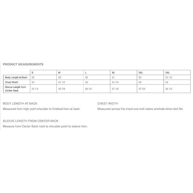 Size chart for Eddie Bauer women’s full-zip black fleece jacket, showing body length, chest width, and sleeve length measurements from size S to 3XL.