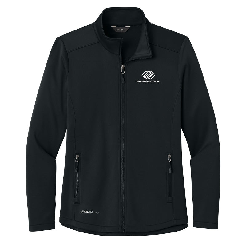 Front view of Eddie Bauer women’s full-zip black fleece jacket with Boys & Girls Clubs logo on left chest and zippered side pockets.