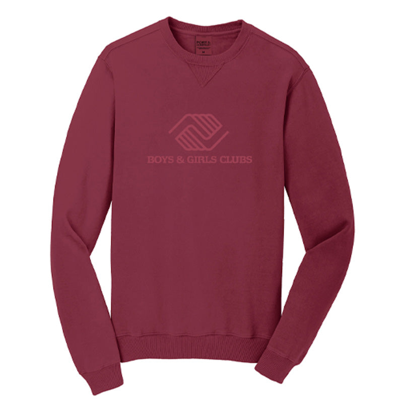 Front view of a maroon garment-dyed crewneck sweatshirt featuring the Boys & Girls Clubs logo in matching maroon tone.
