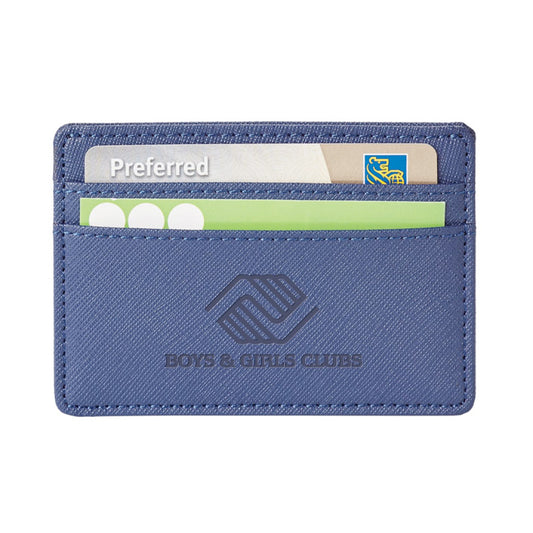 Blue genuine leather RFID card holder featuring three card slots. The front displays the Boys & Girls Clubs logo embossed in a darker shade of blue. Cards are shown inserted for display purposes.