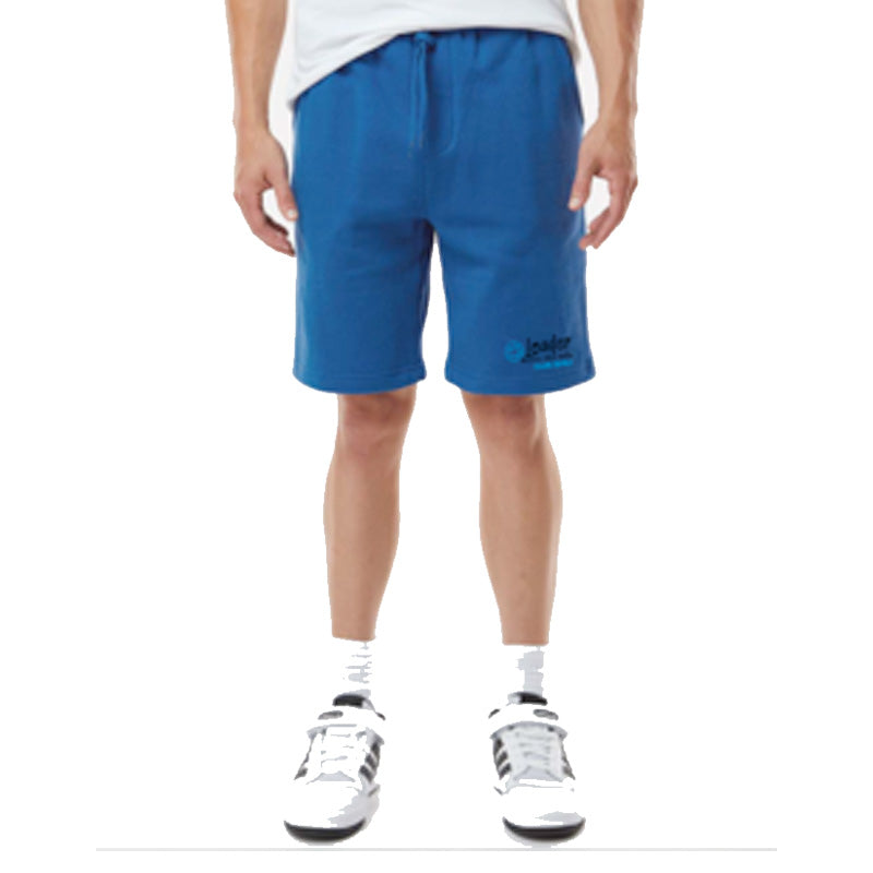 Front view of a person wearing blue midweight fleece shorts with a drawstring waist and a small ‘Leader’ logo on the left leg.