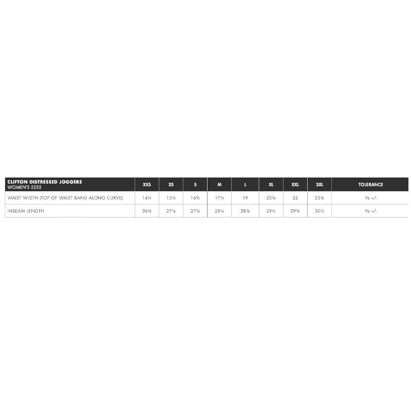 Size chart for Clifton Distressed Joggers in women’s sizes XXS to 3XL, listing waist width and inseam length with tolerance values.