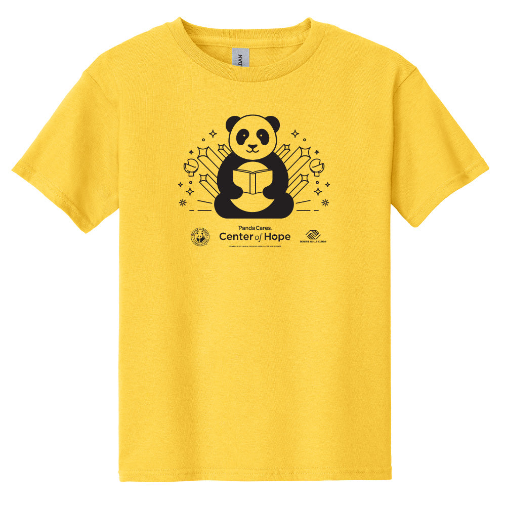 Youth unisex daisy yellow t-shirt with Panda Cares Center of Hope and Boys & Girls Clubs graphic on front.