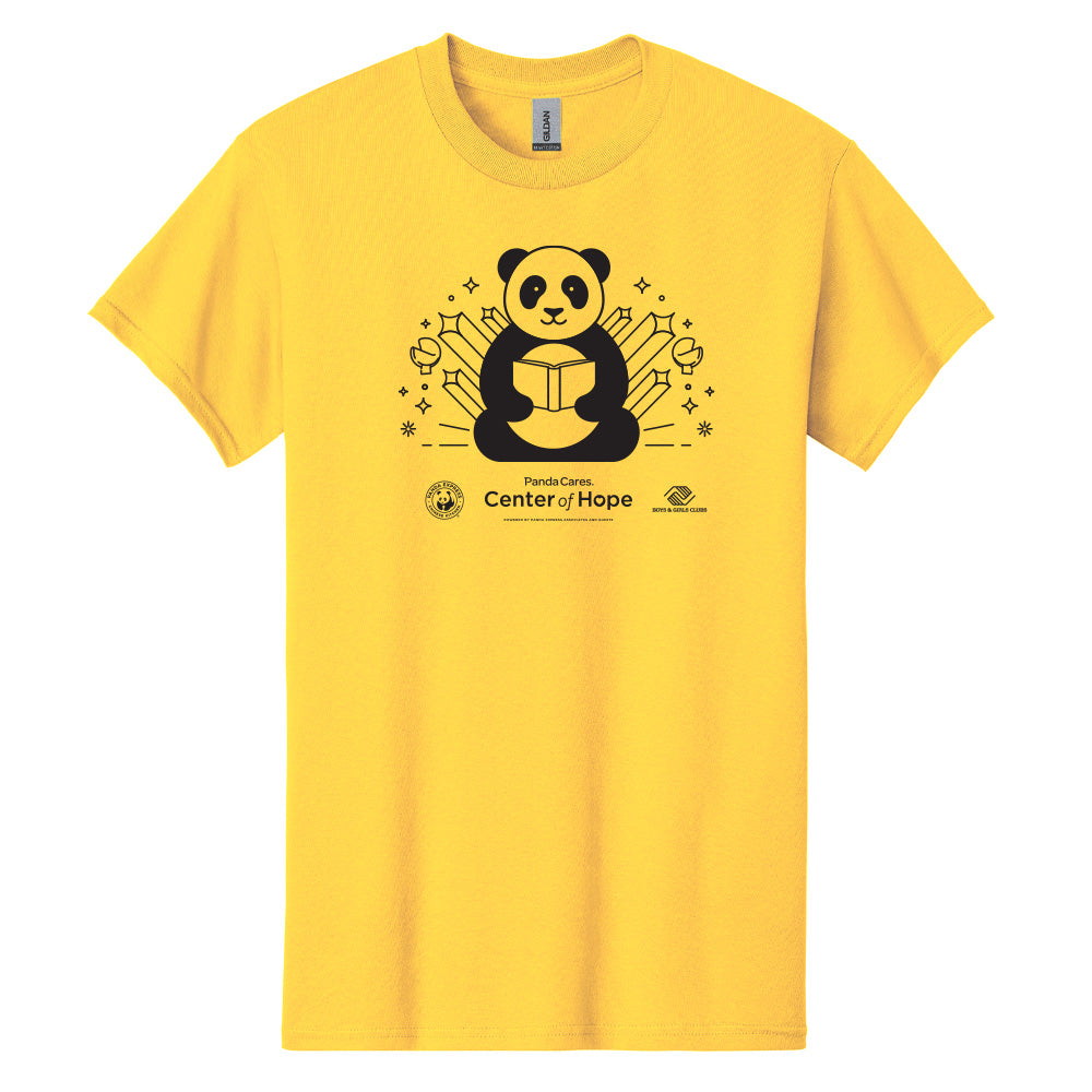 Front view of a yellow unisex t-shirt featuring the Panda Cares Center of Hope and Boys & Girls Clubs graphic design.