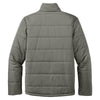 Back view of grey puffer jacket with quilted stitching and high collar, shown on a white background.