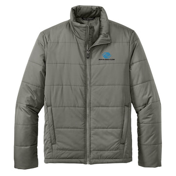 Front view of grey puffer jacket with zip closure and Boys & Girls Clubs logo on the left chest, displayed on a white background.