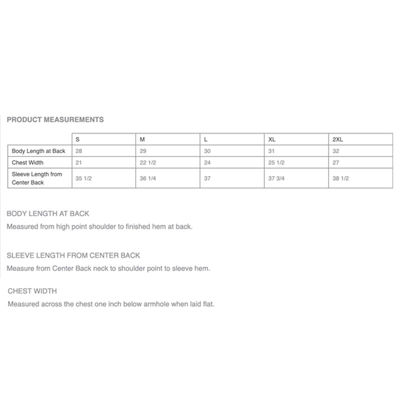 Size chart for grey puffer jacket displaying product measurements including body length at back, chest width, and sleeve length from center back for sizes S to 2XL.