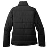 Back view of a black women’s puffer jacket featuring a high collar and horizontal quilting for insulation and warmth.
