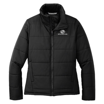 Front view of a black women’s puffer jacket with zip-up closure, featuring the Boys & Girls Clubs logo on the left chest and horizontal quilted stitching.