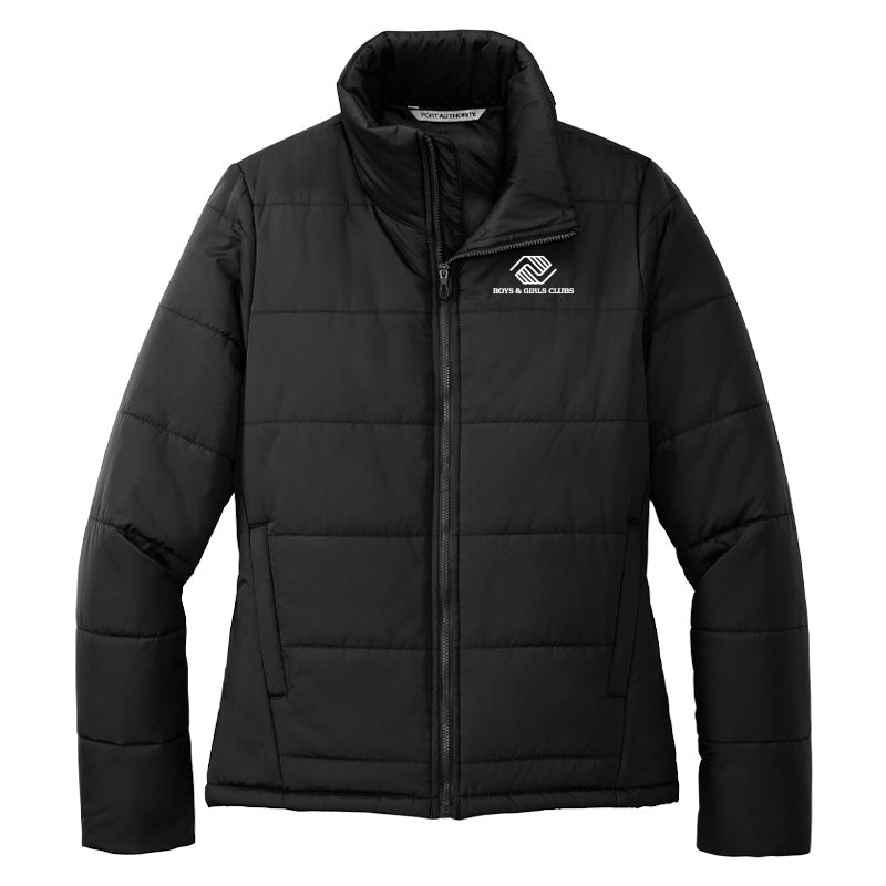 Front view of a black women’s puffer jacket with zip-up closure, featuring the Boys & Girls Clubs logo on the left chest and horizontal quilted stitching.