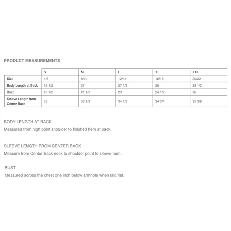 Size chart for women’s black puffer jacket showing measurements for body length, bust, and sleeve length across sizes Small (4/6) to XXL (20/22), including detailed definitions for each measurement type.