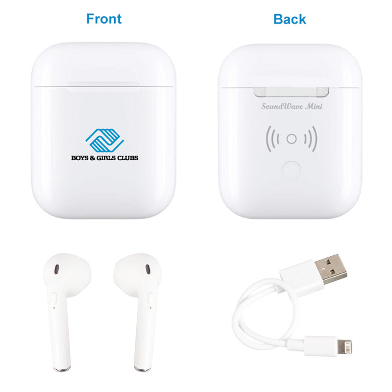 White wireless earbuds with charging case, featuring the Boys & Girls Clubs logo on the front and “SoundWave Mini” branding on the back. Includes a short USB charging cable.