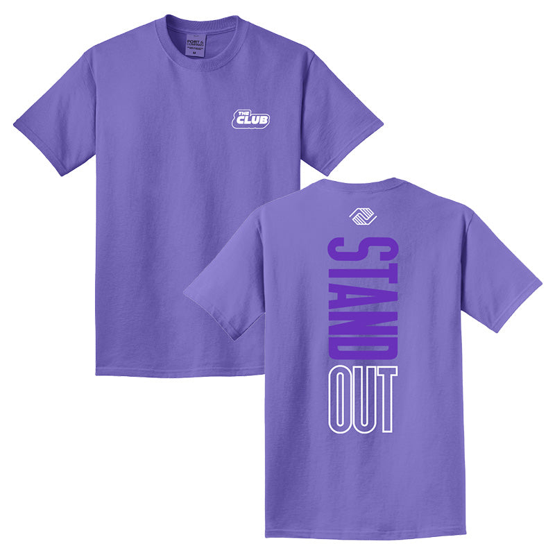 Front and back view of a purple Boys & Girls Clubs t-shirt featuring a white “The Club” logo on the front and bold vertical “STAND OUT” text with the Boys & Girls Clubs emblem on the back.