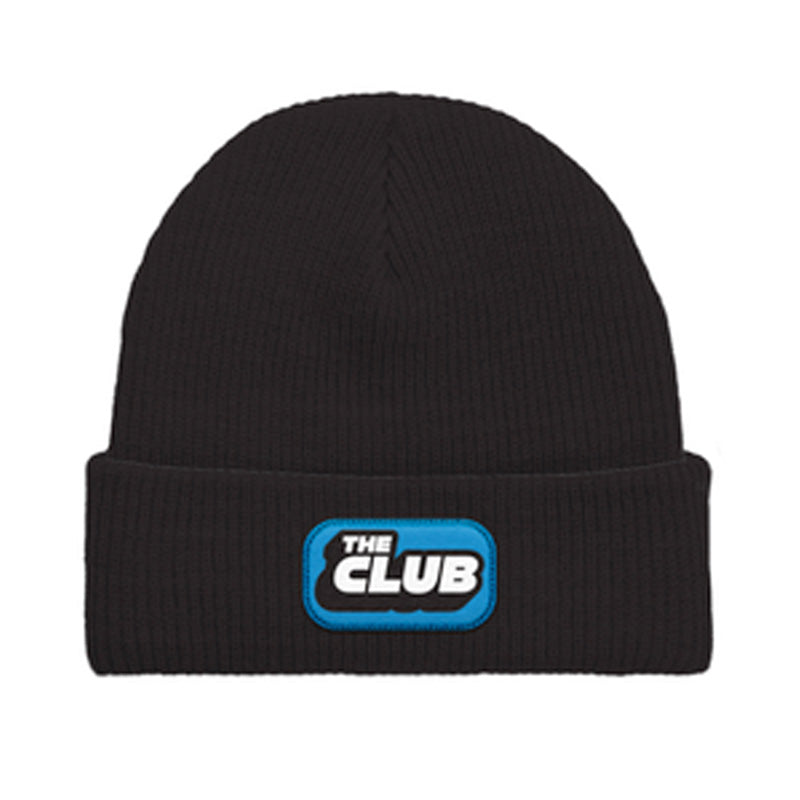 Black ribbed cuffed beanie with a blue and white patch on the front reading “The Club.”