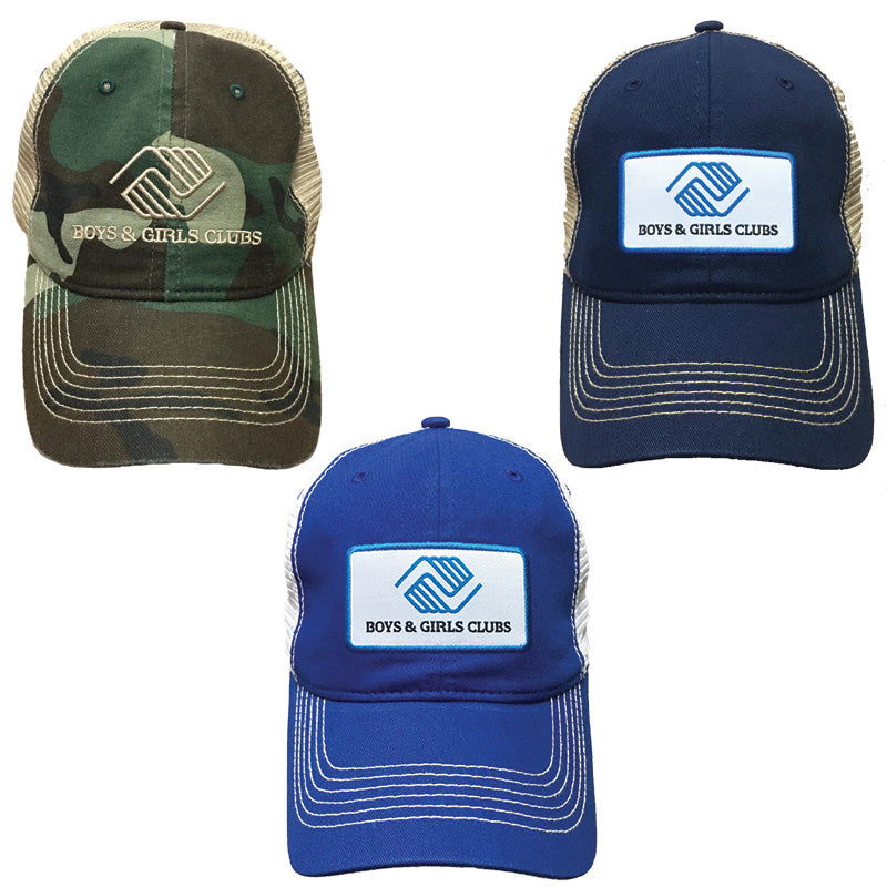 Three trucker hats in camo, navy, and royal blue with Boys & Girls Clubs logo on front and mesh backing.