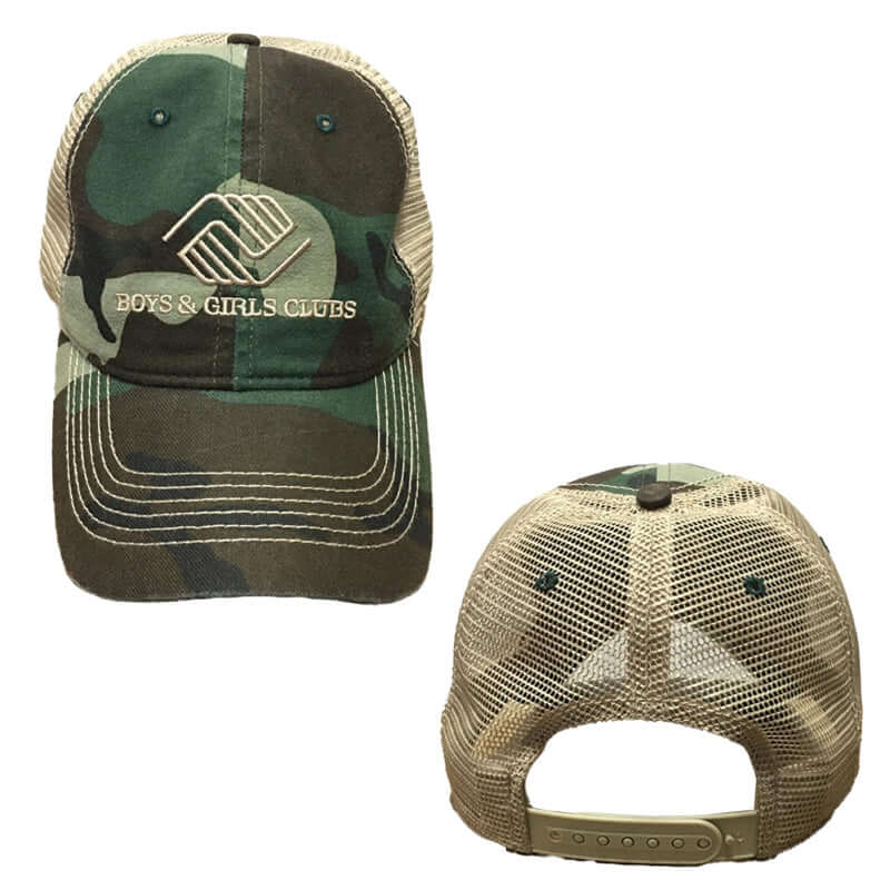 Front and back view of camouflage and tan mesh trucker hat featuring Boys & Girls Clubs logo and adjustable snapback closure.