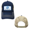 Front and back view of navy and tan mesh trucker hat with Boys & Girls Clubs logo and adjustable snapback closure.