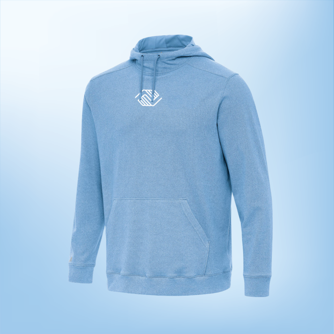  Light blue hoodie with logo on chest, front pocket, and drawstrings.