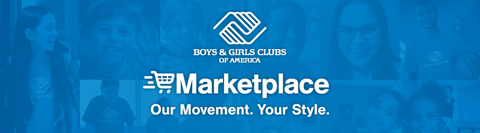 Boys & Girls Clubs of America Marketplace web banner featuring smiling children and the tagline “Our Movement. Your Style.”