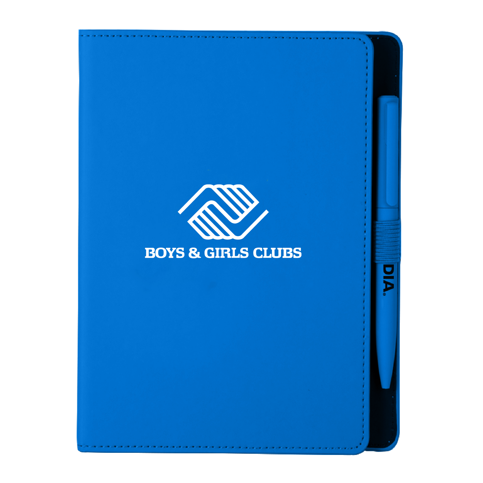 Bright blue notebook with white Boys & Girls Clubs logo centered on the front cover, accompanied by a matching blue pen secured in a side holder.
