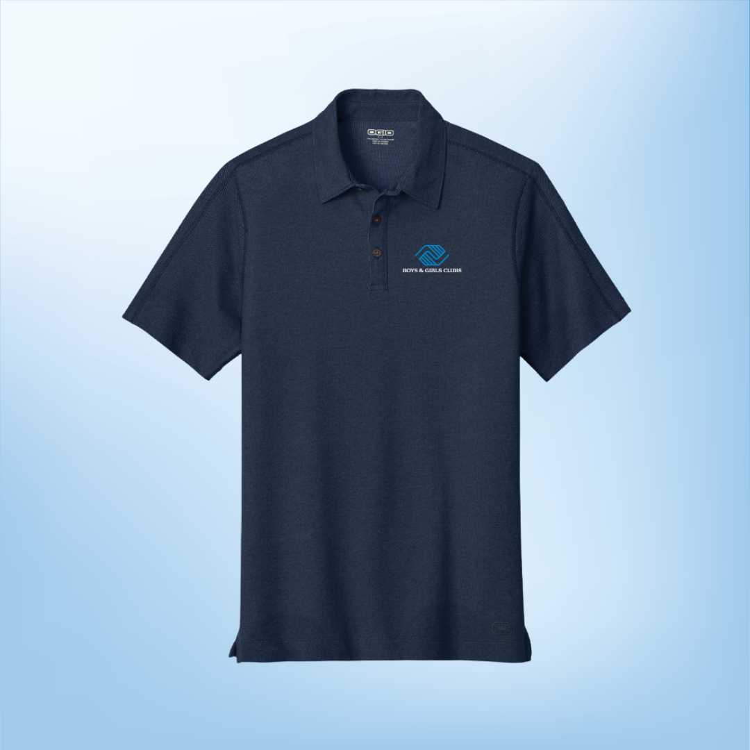 Navy polo shirt with logo on chest, buttoned collar.